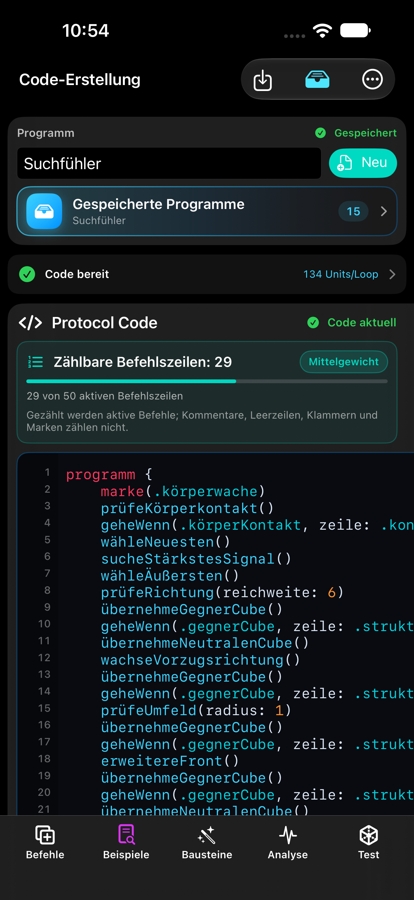 Der Programmeditor: Befehle kombinieren, analysieren und als eigene Strategie speichern.