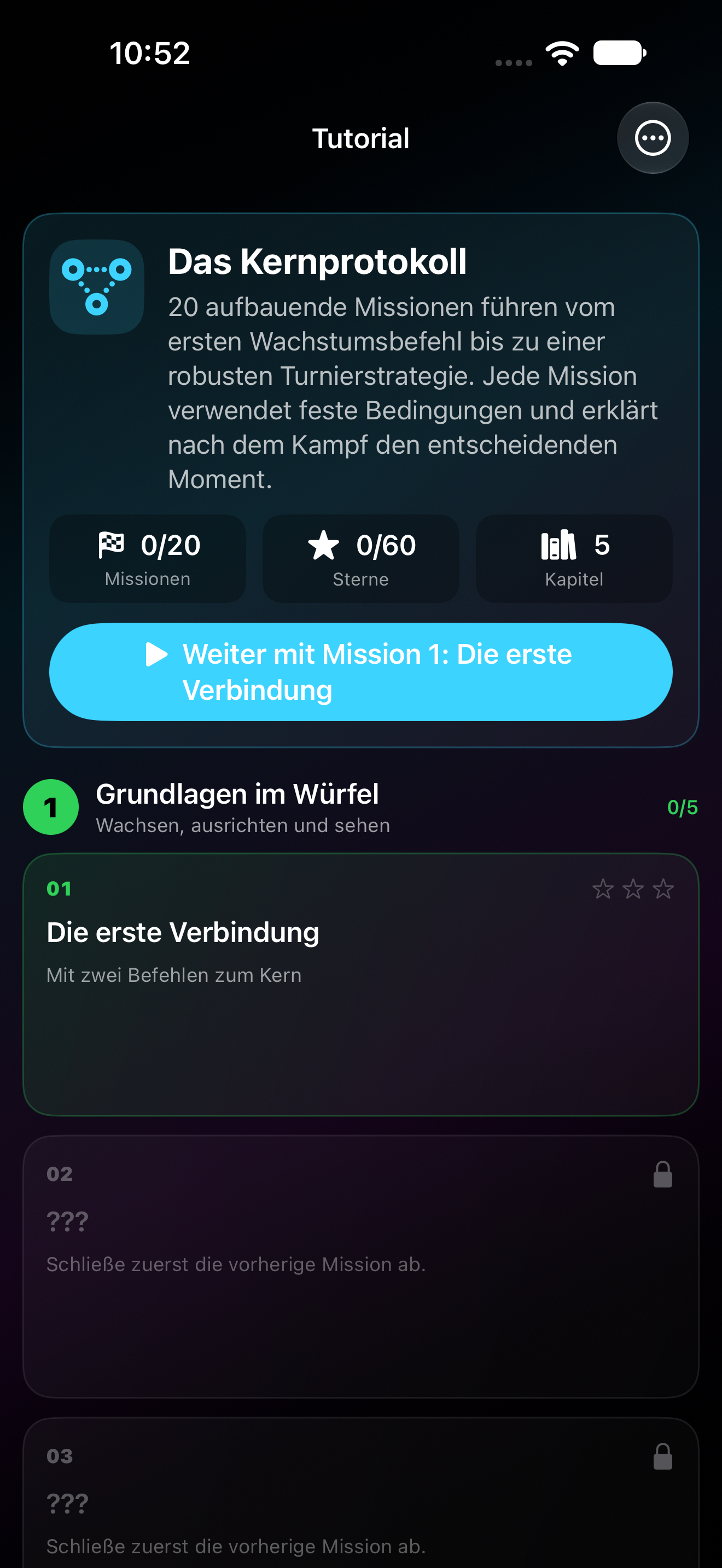 20 Missionen: Ein vollständiger Lernpfad vom ersten Wachstum bis zur Turnierstrategie.