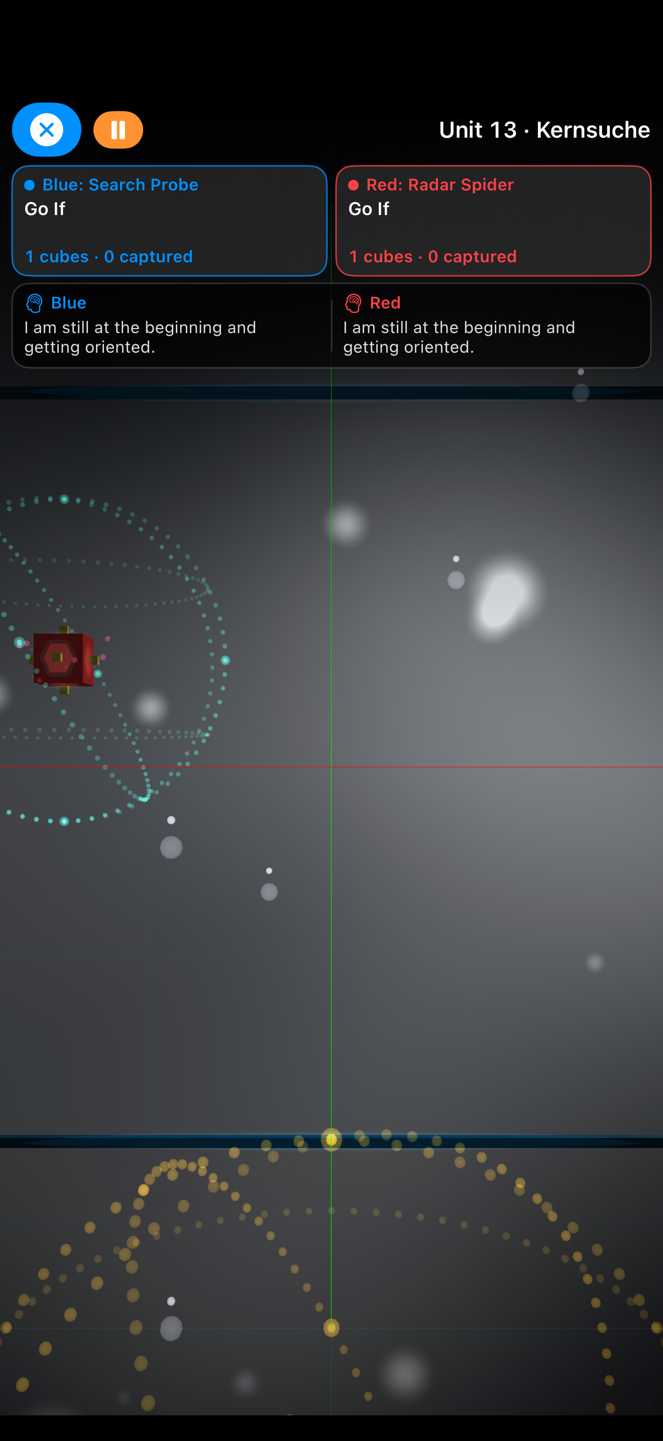 The 3D arena: Two autonomous programs visibly compete for space and the opposing core.