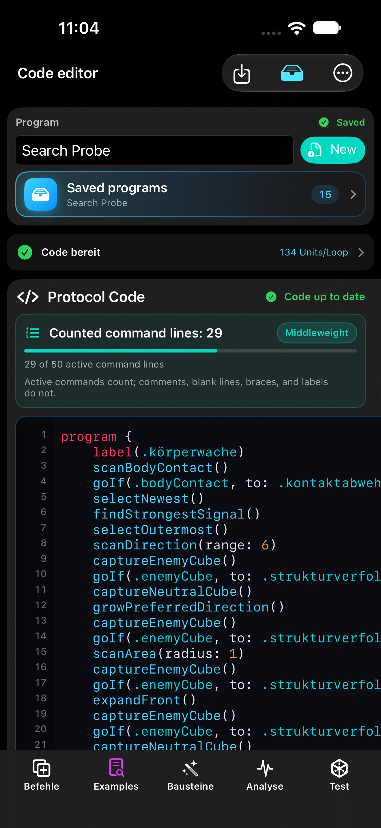The program editor: Combine commands, inspect the analysis, and save your own strategy.